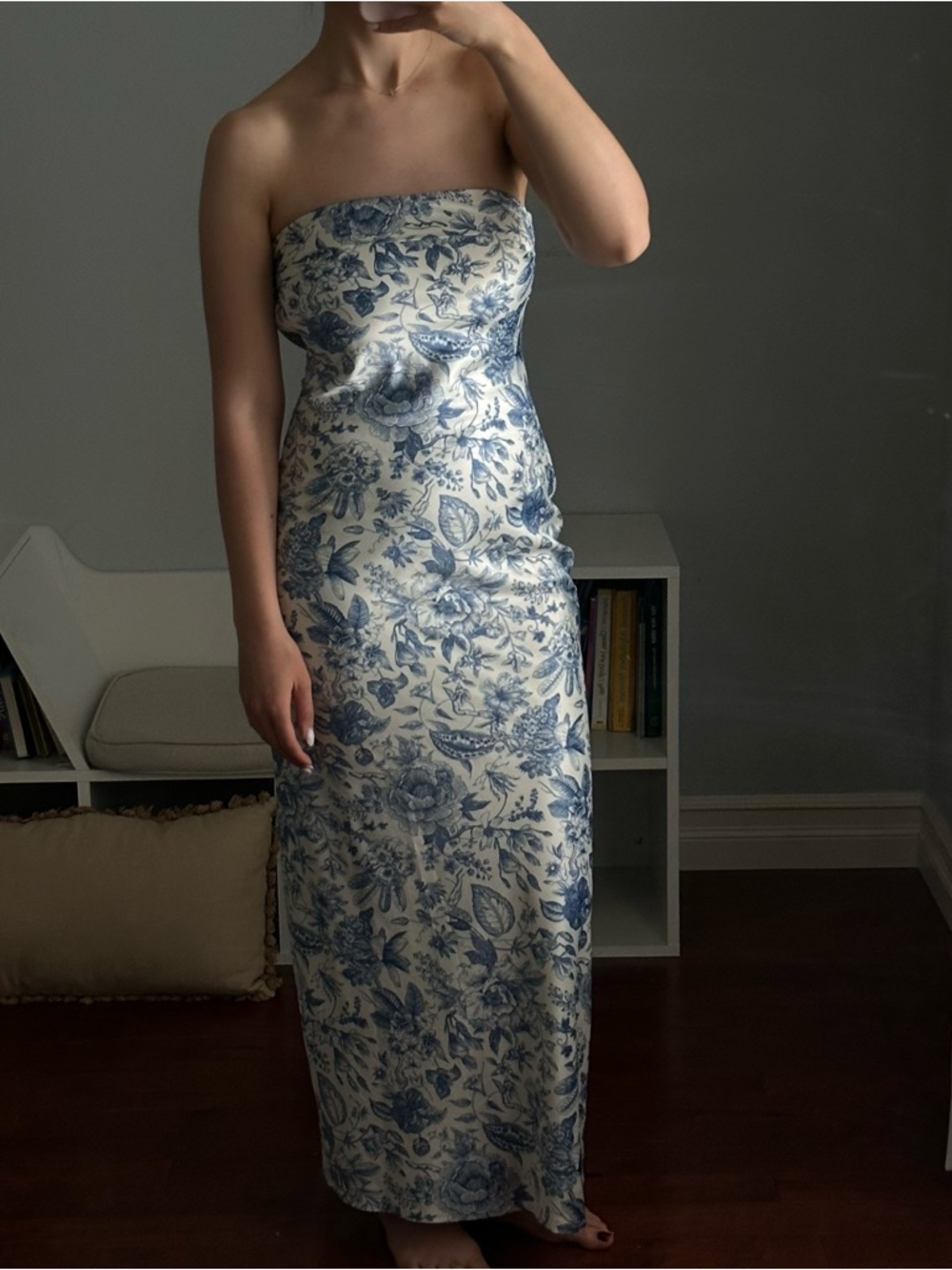 Peppermayo Cream Strapless Dress with Blue Floral Print - Picture 2 of 10